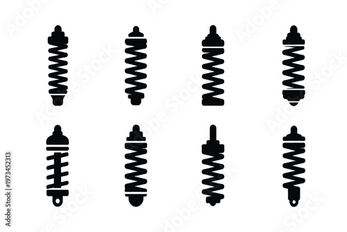 Set of eight black silhouette of automotive shock absorbers and coil springs