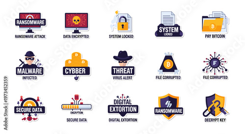 Cybersecurity threats depicted with clean vector icons: ransomware attacks, encrypted data, locked systems, malware infection, bitcoin ransom demands, file corruption, digital