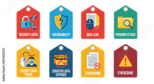 Digital security threat concepts presented as distinct informational tags: compromised lock, fractured shield, phishing hook, magnifying glass over folder, masked person with