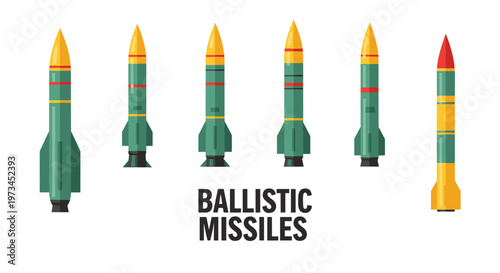 Diverse collection of sleek, modern ballistic missiles featuring clean lines, geometric shapes, and a striking color palette of deep green, vibrant yellow, and bold red accents,