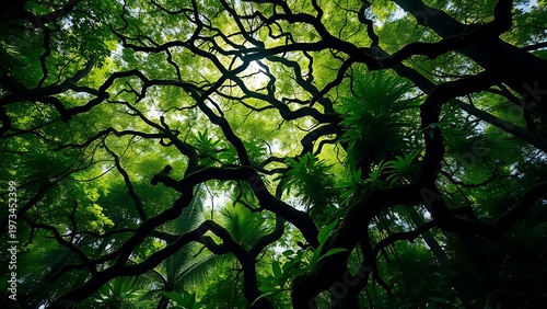 renunciation. A dense tropical rainforest canopy with layered vines and giant trees under dappled sunlight. travel magazines, destination branding, designed for outdoor magazines and nature guides.