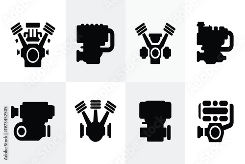 Set of eight black silhouette of internal combustion engines on a light gray grid