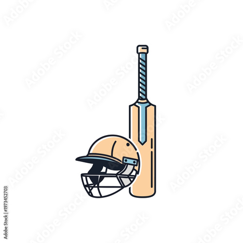 Cricket equipment with bat and helmet.
