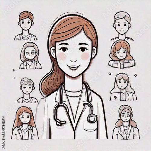 Doctor surrounded by diverse patients in a medical illustration.
