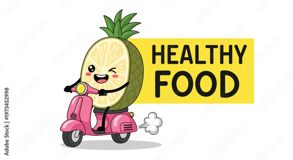 Naklejka premium Cute cartoon pineapple character rides a pink motor scooter with speed while winking under a bold yellow healthy food banner.