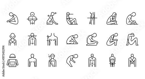 Human posture correction vector graphic set featuring various anatomical alignments and orthopedic exercises