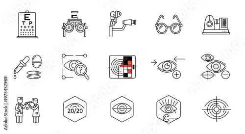 Professional ophthalmology vector illustration collection featuring diverse clinical examination icons including eye charts