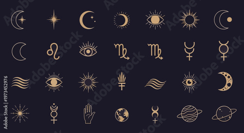 Celestial Icons, Graphic Design, Mystic Themes, Dark Background, Artistic Viewpoint