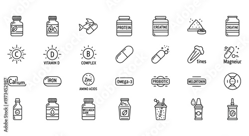 Detailed set of thin line vector graphic icons depicting various dietary supplements vitamins