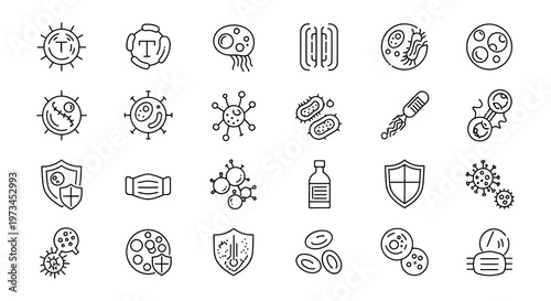 Detailed collection of essential medical and biological vector icons illustrating various viruses bacteria