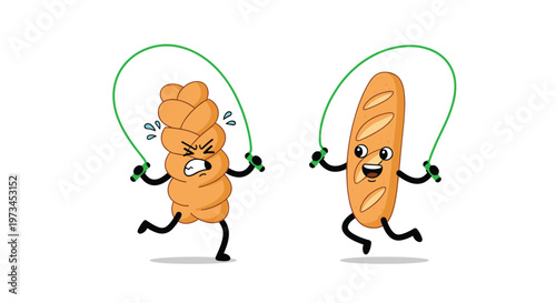 Funny cartoon loaves of bread, a challah and a baguette, exercise by jumping rope with varying levels of effort and success.