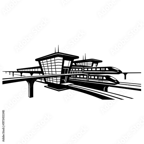 Modern Train Station Design with High-Speed Rail Illustration.