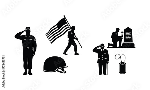 Military service and veteran tribute icons showing soldier salute helmet and line art.