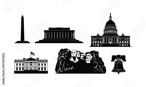 Washington dc monuments and historical sites silhouette set with bell vector illustration.