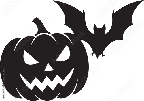 A spooky black and white illustration featuring a jack o lantern and a flying bat for halloween decoration