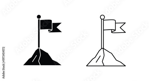 Flag on mountain peak icons set Vector