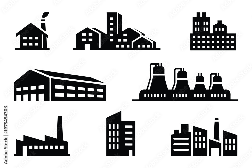 Obraz premium Black and white set of industrial buildings and factories