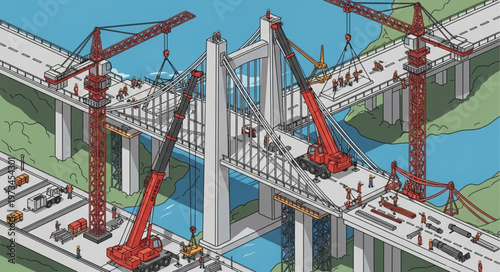 Large Bridge Under Construction With Tower Cranes And Piers.