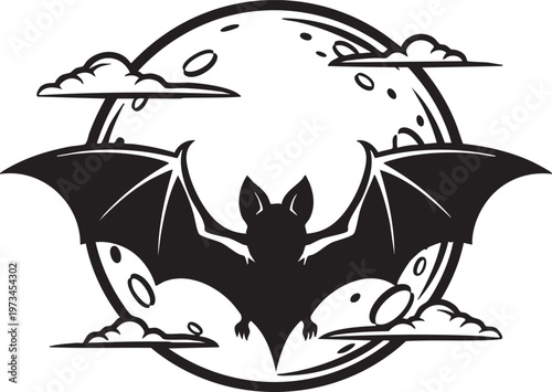 The iconic bat symbol silhouetted against a full moon with stylized clouds and stars in a classic gothic design