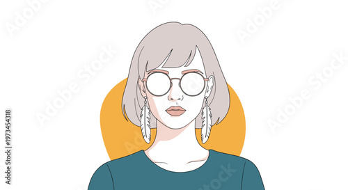 Elegant woman with short grey hair, round glasses, and long feather earrings looks forward in this artistic vector portrait.