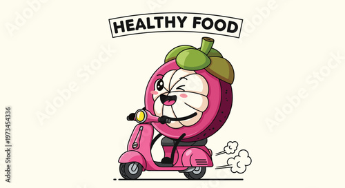 Happy cartoon mangosteen character rides a pink motor scooter with speed while winking under a bold healthy food banner.