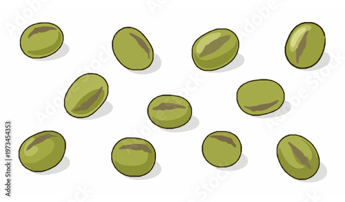 Hand-drawn mung bean vector illustration with scattered green legumes for recipes and food design