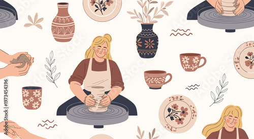 Artistic pattern showing various women engaged in the craft of pottery alongside numerous decorated ceramic vases and bowls.