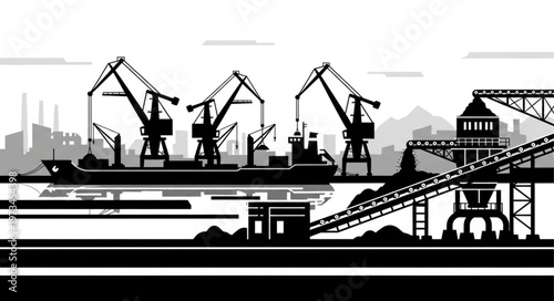 Large Harbor Cargo Cranes Loading Ship at Port.