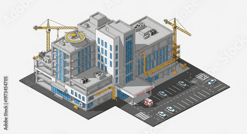 Isometric urban construction site with mixed use building.