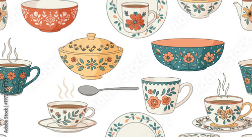 Seamless pattern featuring vintage ceramic cups bowls and saucers decorated with elegant floral motifs and delicate patterns on white.