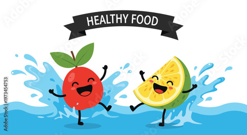Cute cartoon cherry and lemon characters happily jumping and splashing in blue water under a black healthy food ribbon banner on white.