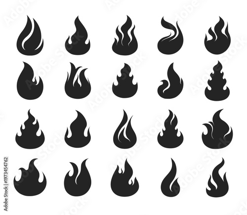 Burning fire flame. Bonfire symbol, front view. Vector set of fire symbols.