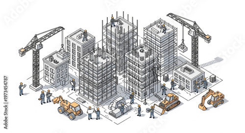 Isometric urban construction site with multiple skyscraper towers.