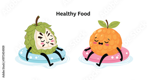 Peaceful cartoon tropical fruit characters relaxing and drifting on blue and pink inflatable rings in water under a healthy food banner.