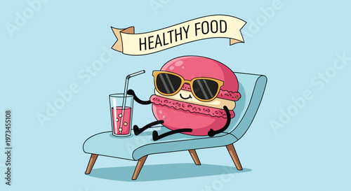 Relaxed cartoon pink macaron character wearing sunglasses and sipping a drink while sunbathing on a blue lounge chair under a banner.