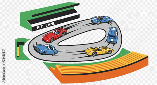 Toy race cars on a track with spectator stands.