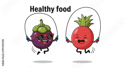 Energetic cartoon mangosteen with sunglasses and a tropical fruit character skipping rope under a healthy food title on white.