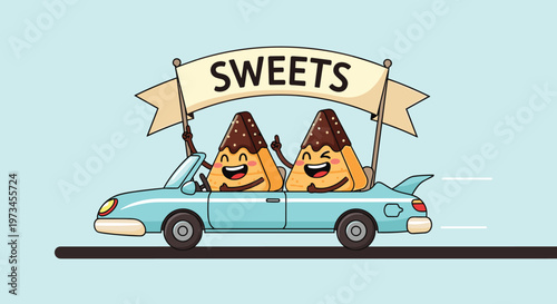 Two happy cartoon triangle cake characters with chocolate topping driving a blue convertible car under a large sweets banner.
