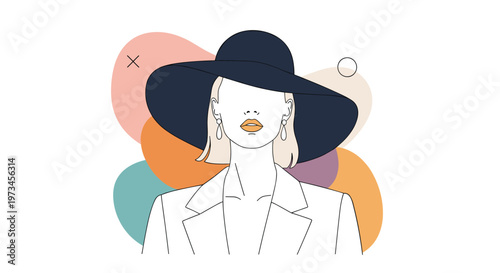 Stylish minimalist portrait of a woman with blonde hair wearing a large dark blue sun hat and a white jacket against abstract shapes.