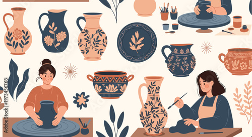 Seamless pattern featuring artisans working at pottery wheels and a variety of decorated ceramic vases bowls and plates.