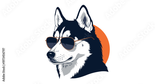 Cool digital illustration of a siberian husky head wearing classic aviator sunglasses against a bright orange circular background.