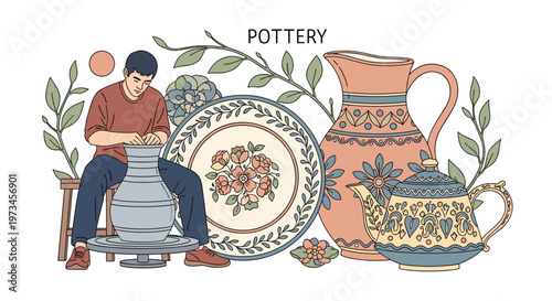 Expert potter working at a wheel surrounded by large decorated ceramic vases a plate and a teapot with beautiful floral motifs.