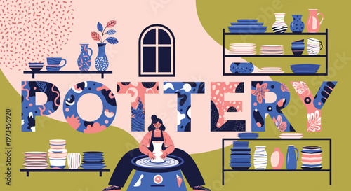 Colorful typography illustration of the word pottery featuring a woman artisan working at a wheel and shelves of ceramic dishes.