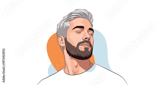 Serene portrait of a man with stylish gray hair and a well groomed beard with eyes closed against an abstract background on white.