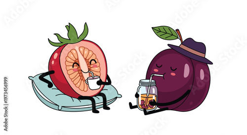 Cheerful grapefruit and plum characters relax together while drinking refreshing fruit juice through straws in a cute illustration.