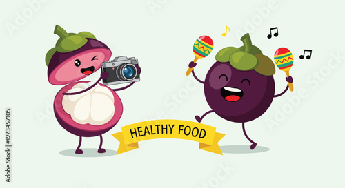 Fun mangosteen characters celebrate health as one takes a photograph while the other dances with colorful maracas and musical notes.