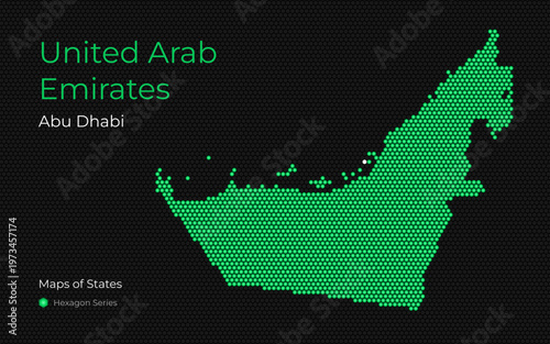 Hexagon Grid UAE Map and Abu Dhabi Capital in Tech Style