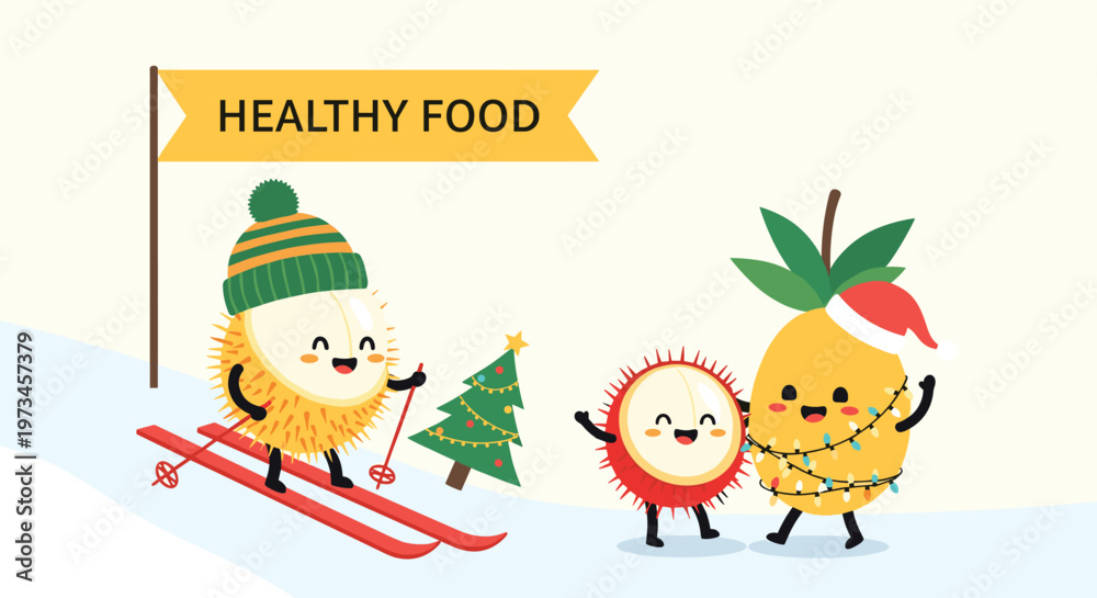 Fototapeta premium Festive fruit characters celebrate the winter season with a longan skiing and a rambutan and pineapple wearing santa hats.