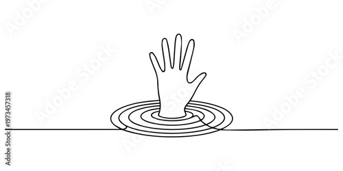 Continuous one line drawing drowning icon. SOS concept. Single line draw design vector graphic illustration, minimal style concept pro vector. helping hand under water and drowning icon.