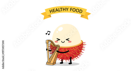 Musical rambutan character with its top open plays a small golden harp while singing happily under a healthy food banner.